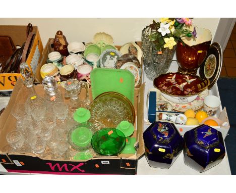 THREE BOXES AND LOOSE CERAMICS AND GLASS ETC, to include Sandland and unbranded character jugs, Royal Worcester 'Palmyra' con