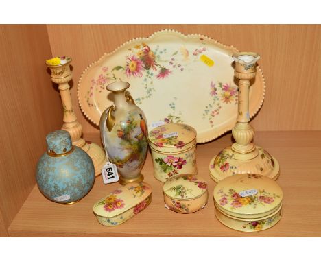 A SMALL GROUP OF DISTRESSED/REGLUED ROYAL WORCESTER, to include a twin handled vase, handpainted with pheasants amongst pine 