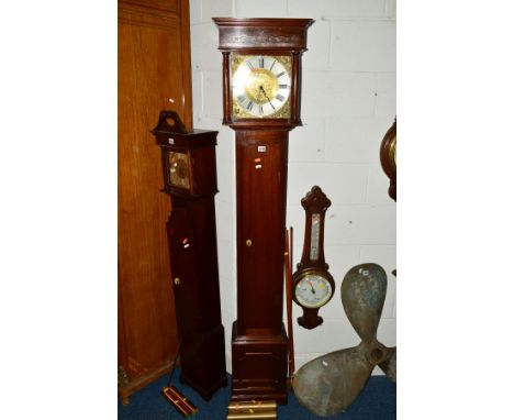 A REPRODUCTION MAHOGANY LONGCASE CLOCK, with a brass silvered dial, Roman numerals, height 190cm (two weights, pendulum and c