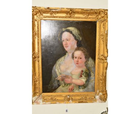 AN 18TH CENTURY STYLE PORTRAIT OF A MOTHER AND CHILD, the child is holding a seashell, unsigned, oil on canvas, gilt framed, 