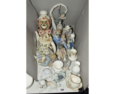 A GROUP OF CERAMICS, FIGURES ETC, to include Lladro Poodle, No6337, Nao Poodle group and eight Nao figures/groups, boy playin