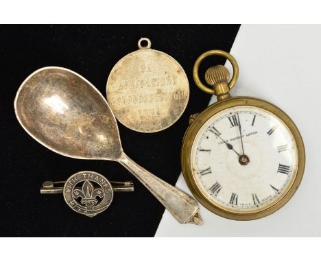 A POCKET WATCH, SPOON, BROOCH AND MEDAL, to include an open face pocket watch, a silver caddy spoon, with silver hallmark for