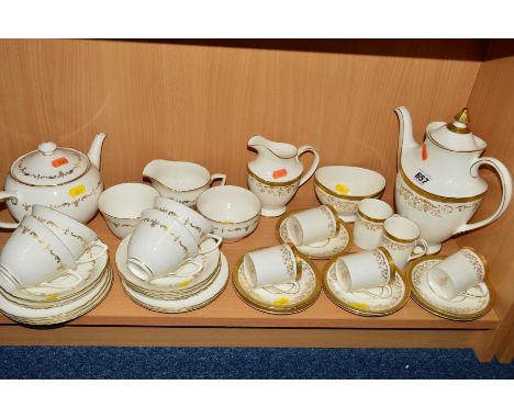 TWO PART TEA AND COFFEE SETS to include Royal Doulton 'Belmont' H4991 coffee pot, cream jug, open sugar bowl, six coffee cans