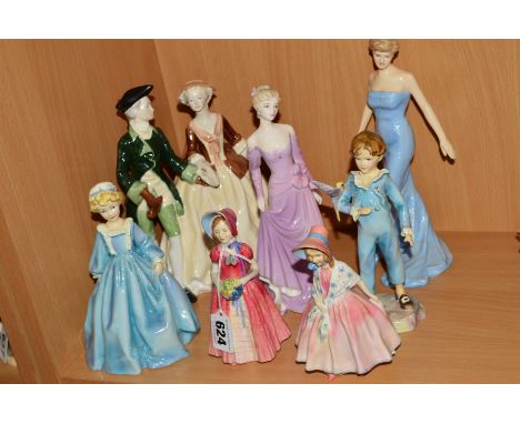 SEVEN VARIOUS FIGURES, to include three Royal Doulton 'Diana' HN1678, 'Lily' HN1798 and 'Diana Princess of Wales' HN5061, two