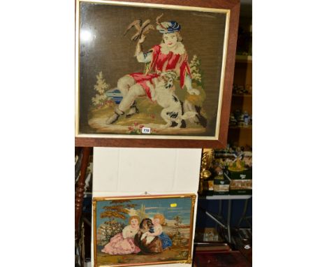 THREE VICTORIAN WOOLWORK PICTURES, the largest depicting a falconer with his hunting dog, framed, approximate size 47cm x 53c