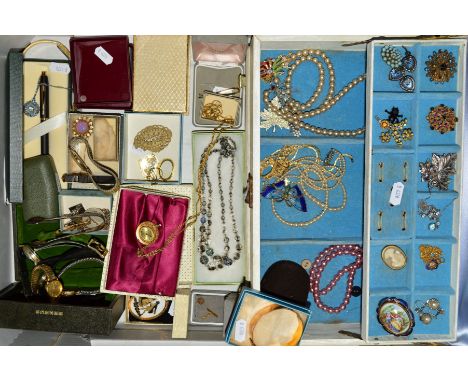 A BOX OF COSTUME JEWELLERY, to include a hinged jewellery box, brooches, earrings, imitation pearl necklaces, a hinged rolled