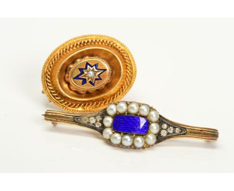 TWO MID TO LATE VICTORIAN BROOCHES, the first of oval outline designed as a central split pearl within a blue enamel star sur