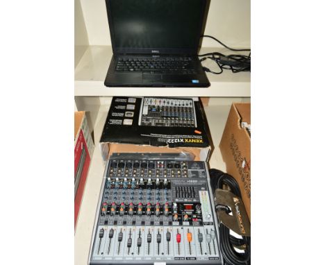 A BEHRINGER XENYX X1222 USB MIXING CONSOLE, a Dell latitude E6410 laptop with PSU and four new mic cables