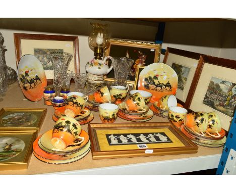 A GROUP OF CERAMICS, GLASS AND PICTURES, to include framed Wedgwood black basalt plaque, a Victoria china desert scenes tease