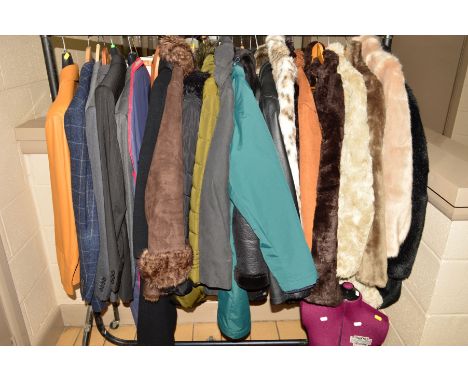 TWENTY FOUR COATS AND JACKETS IN VARIOUS SIZES, to include a leather Trapper brand jacket with removable liner, size 48, Zara