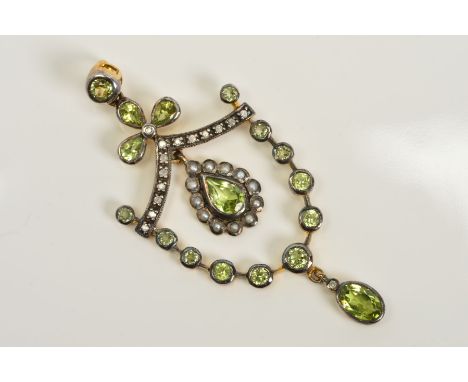 A PERIDOT, SEED PEARL AND DIAMOND PENDANT, designed with a central pear shape peridot within a seed pearl surround suspended 