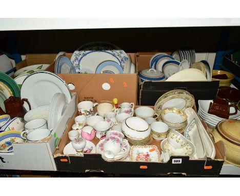 FIVE BOXES AND LOOSE DINNERWARES, OVEN WARES etc, to include Crown Staffordshire teaset (21), Herriot Quimper bowls, Royal Wo