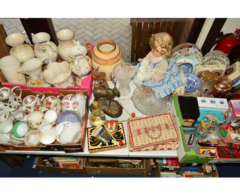 FOUR BOXES AND LOOSE CERAMICS, METALWARES, SUNDRIES ETC, to include three wristwatches, Blessing Harmonica, cameras, large do