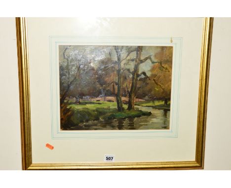 JAMES C MIDDLETON (1894-1969) 'LANGHAM SKETCH - CASSIOBURY PARK' landscape with stream flowing towards a bridge, signed botto