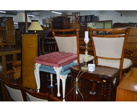 AN EDWARDIAN MAHOGANY STANDARD LAMP on a tripod base with a shade, together with a walnut triple dressing mirror, a pair of s