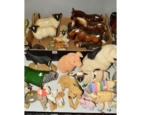 A BOX OF LOOSE ORNAMENTS, to include Coopercraft Sheep and Ram, Beswick 'Spirit of Earth' horse No2914, brown (ear missing), 