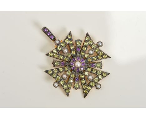 AN AMETHYST, PERIDOT AND SPLIT PEARL CROSS PENDANT, designed as a Maltese cross set with split pearls, and circular peridots 
