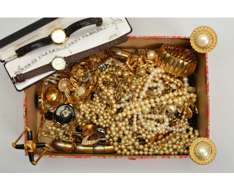 A SELECTION OF COSTUME JEWELLERY, to include imitation pearl necklaces and earrings, colourless paste set necklaces and earri