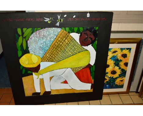 A COLOURFUL NAIVE PORTRAIT OF A WORKER AND HIS MASTER, POSSIBLY CENTRAL AMERICAN (EL SALVADOR?), signed and dated A.S 98, the