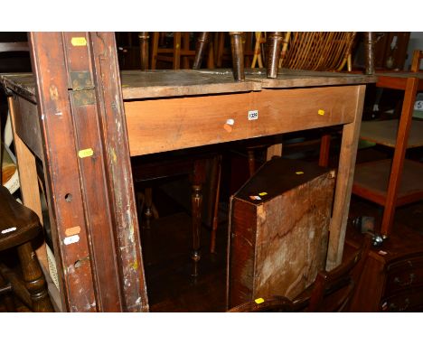 A VINTAGE BEECH TWIN SEATED SCHOOL DESK, together with an artists easel, mid 20th century metal swivel office chair, an Edwar