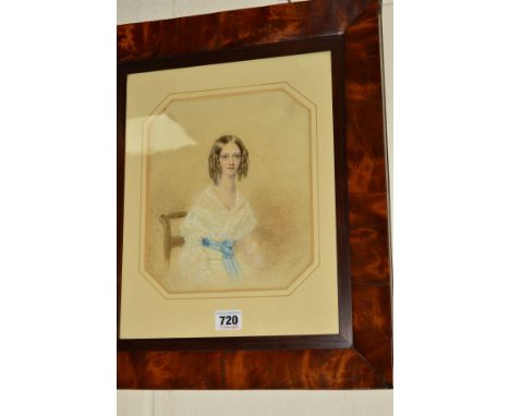 SYDNEY BUCK (1790-1860) Portrait of a seated girl in white gown with blue bow, signed and dated 1842 bottom left, mounted, fr