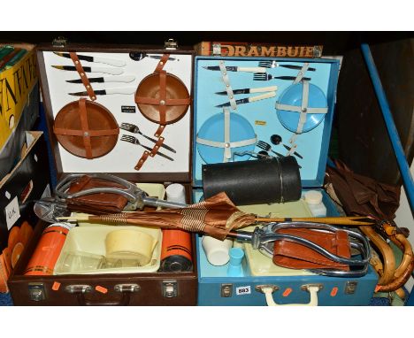 TWO VINTAGE SIRRAM PICNIC HAMPERS WITH CONTENTS, together with two shooting sticks, six mid 20th century umbrellas, a late Vi