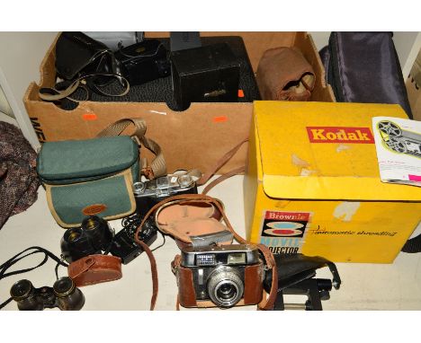 A BOX OF CAMERAS AND EQUIPMENT, including a Voigtlander Vito 2, Vito CL, a Kodak Popular Brownie, a Brownie Projector etc