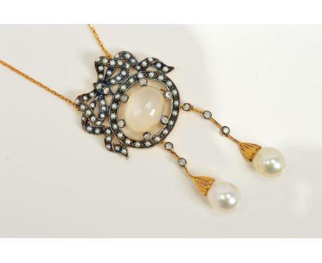 A MOONSTONE, PEARL AND DIAMOND PENDANT NECKLACE, the pendant designed as a central oval moonstone cabochon within a concentri