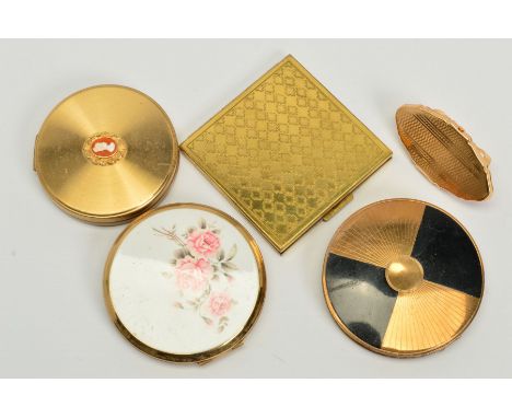 FOUR VINTAGE COMPACTS AND A LIPSTICK HOLDER, to include three circular examples and a square example, one with a central came
