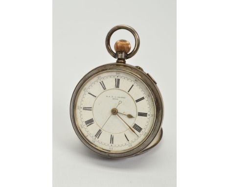 A LATE VICTORIAN SILVER OPEN FACE POCKET WATCH, the white face with black Roman numerals, with name M.B. &amp; J. Shibko Hull