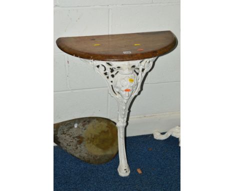 A PAINTED CAST IRON CONSOLE TABLE with a mahogany top