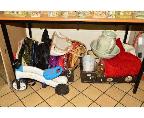 TWO BOXES AND LOOSE ITEMS to include a quantity of hand/shoulder bags, branded John Lewis, Pavers, Lancome, Bulaggi etc (20),