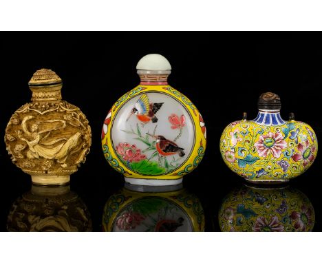 A Collection Of Three Oriental Snuff Bottles To include cloisonne floral decorated bottle, opalescent glass with painted enam
