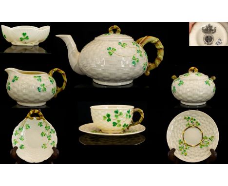 Belleek Superb Quality Fermanagh Ireland 7 Piece Tea Service. Green shamrock pattern, black stamp to undersides 3rd mark 1926