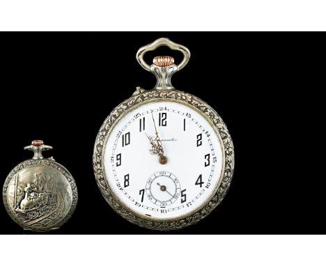 Antique Period Excellent Quality Keyless White Metal Chronometer Open Faced Pocket Watch, with Embossed Image of Steam Train 