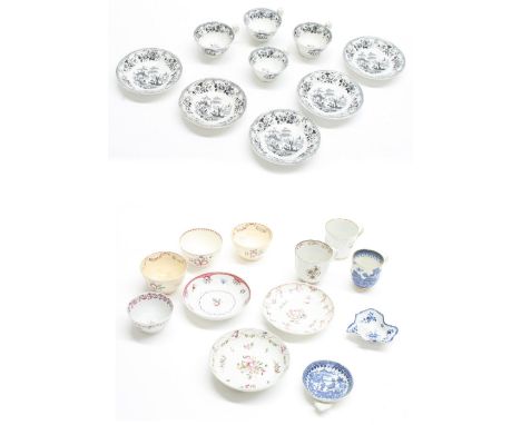 Collection of early English porcelain New Hall type tea bowls, coffee cans and saucers; also fisherman pattern blue and white