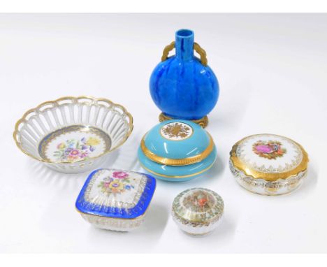 Martinroda porcelain pierced trinket box, 6.5" diameter; together with Martinroda square box and cover and circular box and c