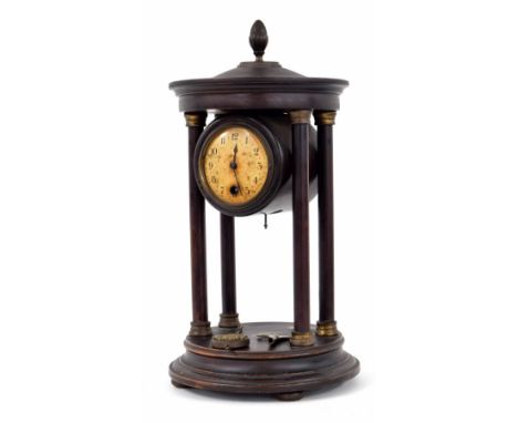 Mahogany cased portico mantel clock, surmounted by pineapple finial (pendulum and winding key), 12.5" high