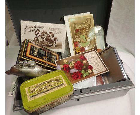 Metal cash box with key, with contents of cigarette cases, coins, vintage pens etc. P&P Group 2 (£18+VAT for the first lot an