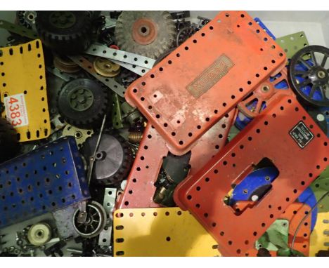 Selection of Meccano pieces including military, three Mamod steam engine base plates, one flywheel, Mamod grinding wheels and