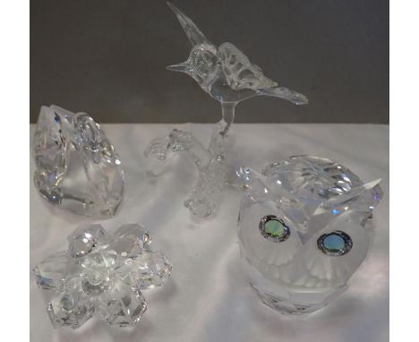 Four small glass ornaments including Swarovski, largest H: 90 mm. P&amp;P Group 2 (£18+VAT for the first lot and £3+VAT for s