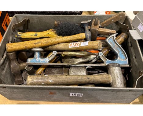 Metal tray containing assorted tools including panel beating hammers. Not available for in-house P&amp;P 