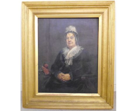 ML Waller - a three-quarter length portrait of a seated elderly woman wearing a black dress with a white collar and matching 