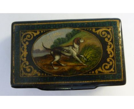 An early 19thC black lacquered papier mache rectangular snuff box, the hinged lid decorated with an oval vignette study of a 