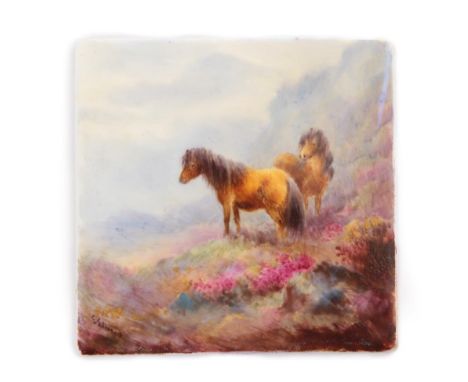 A Royal Worcester Porcelain Plaque, painted by George Johnson, early 20th century, of square form with ponies in a highland l