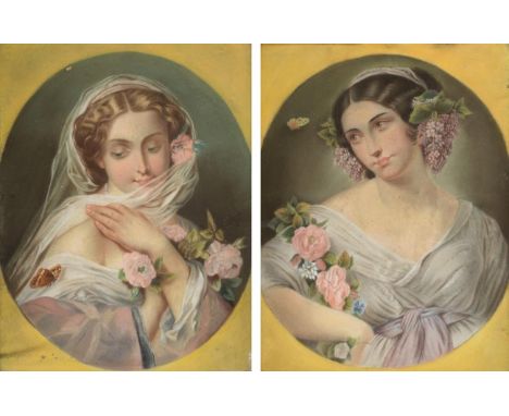 Mathilde Waterton (d.1878) Portrait of a young beauty head and shoulders, decorated with roses, together with a companion, Po