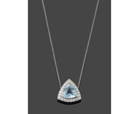 An Aquamarine and Diamond Cluster Pendant on Chain, the trilliant cut aquamarine in a white millegrain setting within a borde