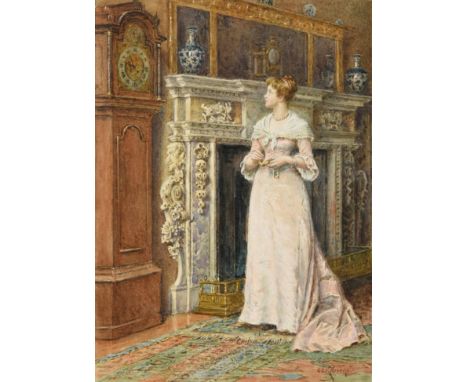 George Goodwin Kilburne RI, RBA (1839-1924) The Timepiece - an elegant lady standing in an interior setting the time on a poc