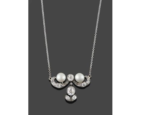 A Diamond and Pearl Necklace, circa 1900, an old cut diamond flanked by two button pearls within a scrolling frame set throug