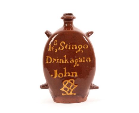 A Slipware Flask, dated 1795, of flattened ovoid form with four loop handles, inscribed Jno, Ashton 1795 Ies, Stingo Drink ag